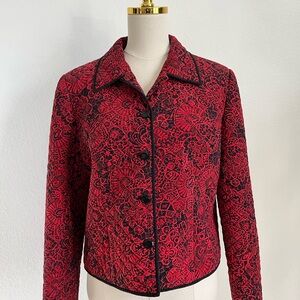MAGGY LONDON 100% Silk Red and Black Quilted Patterned Jacket Women’s Size 10